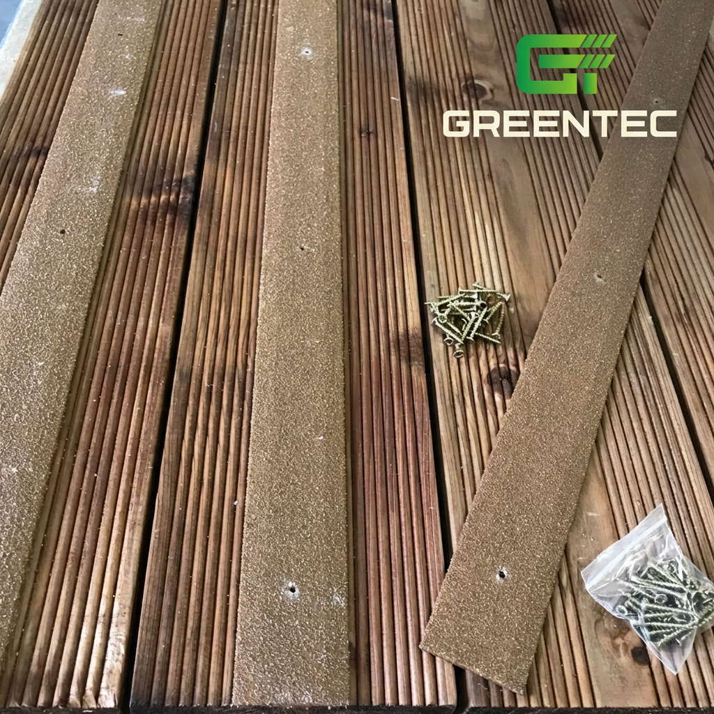 Brown pre-drilled anti-slip decking strips and screws on timber decking