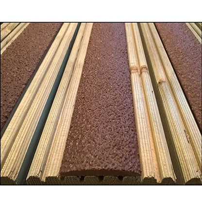 Brown anti-slip decking strips with pre-drilled holes and fixing screws on timber decking